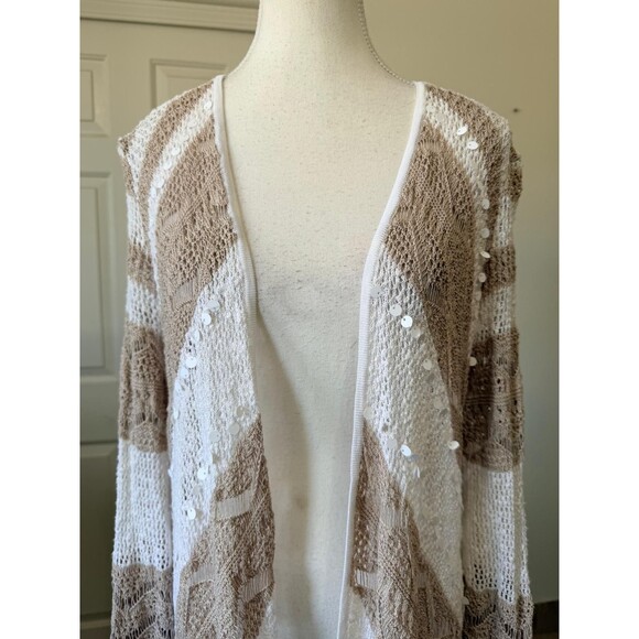 Chicos Open Knit Cardigan Size 1 M Beige White Striped Sequin Boho Coastal - Picture 6 of 12